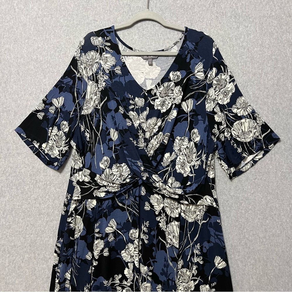 Ulla Popken Floral Midi Dress Size 2X Blue White Elbow Sleeve Dressy - Picture 3 of 10